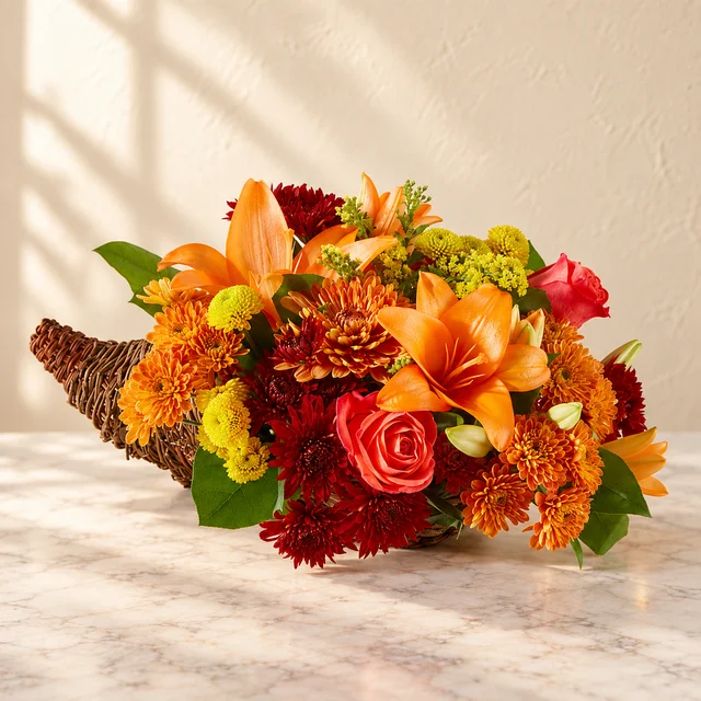 Bouquet of Blessings Cornucopia seasonal floral arrangement