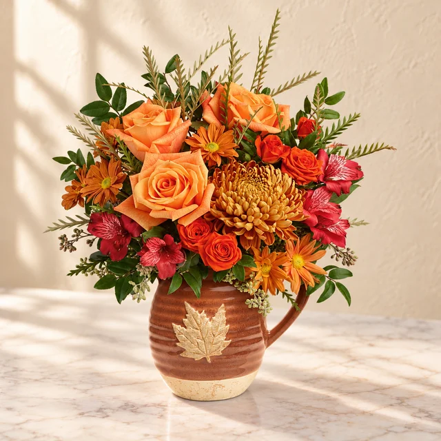 Orange roses, bronze chrysanthemums and red alstroemeria in a brown glazed maple-leaf pitcher