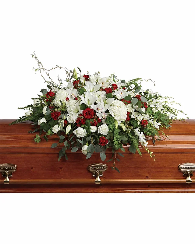 Velvet red, cream white and ivory casket spray