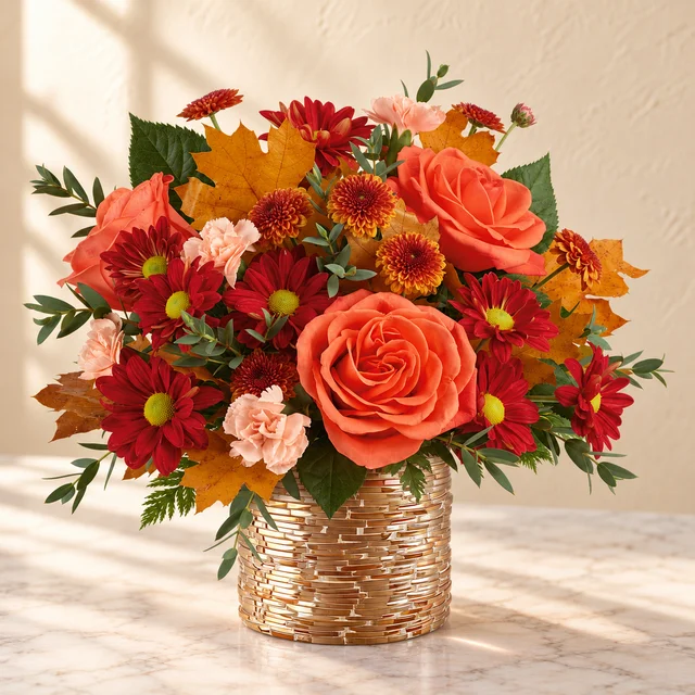 Orange roses, peach miniature carnations and bronze chrysanthemums with autumn leaves in a copper mosaic vase