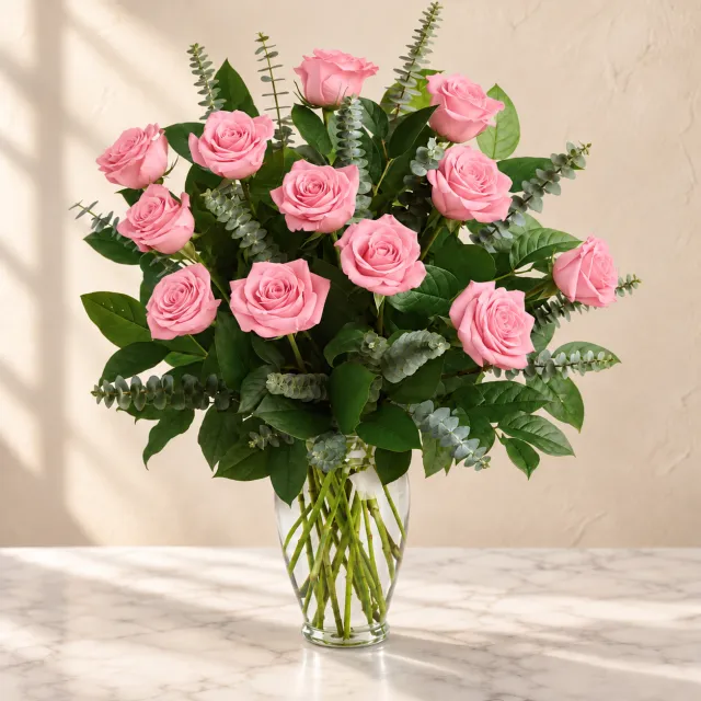 Pink roses with eucalyptus and lemon leaf in a tall clear glass vase