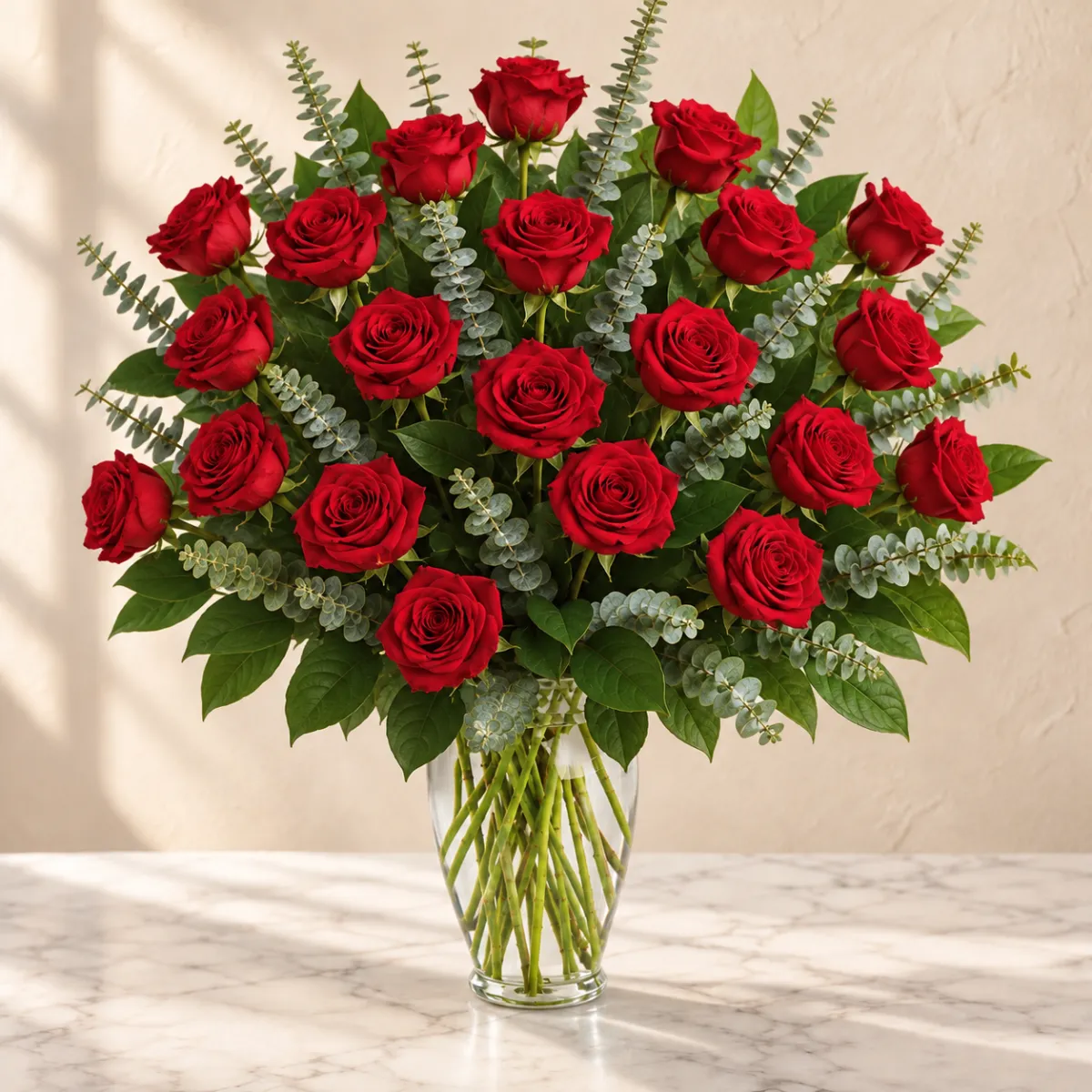 A dozen red roses with eucalyptus and lemon leaf in a tall clear glass vase