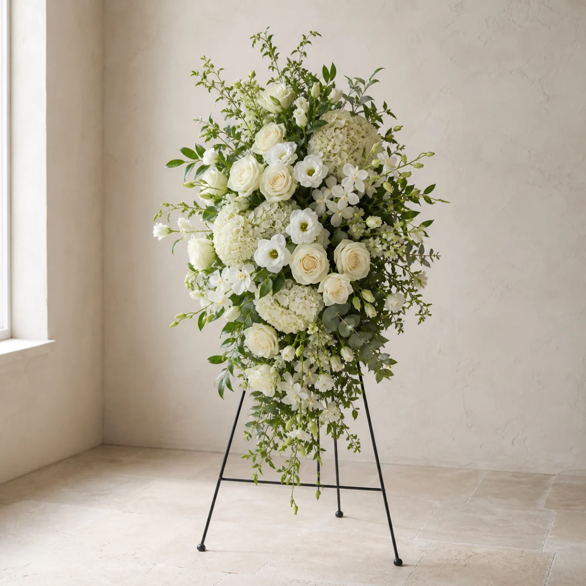 Custom cream white and ivory floral tribute on a standing easel