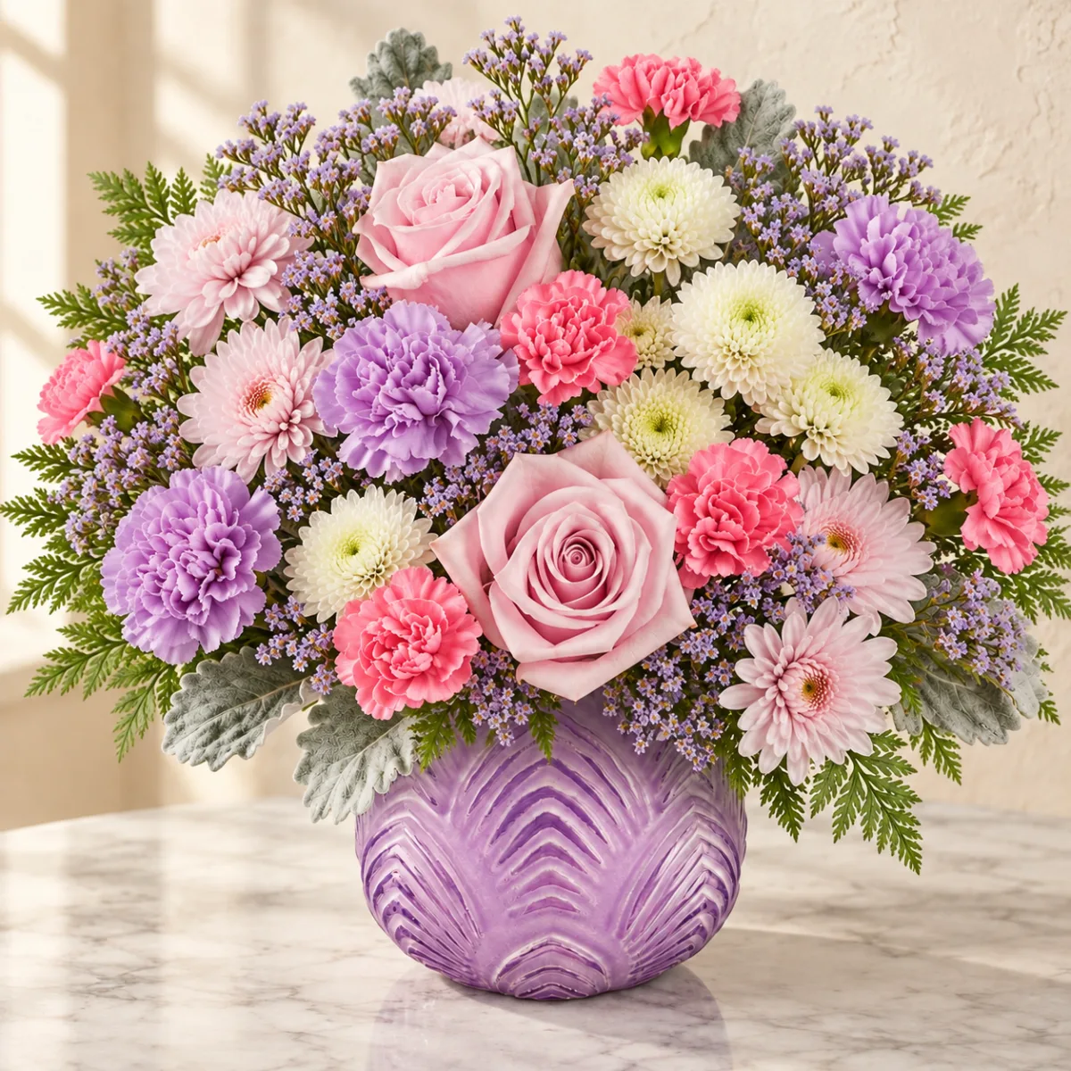Light pink roses, lavender carnations and white mums in a lavender art-deco vase
