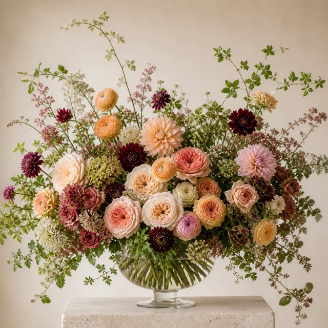 Large premium blush, apricot, cream, and berry garden arrangement in a clear glass compote