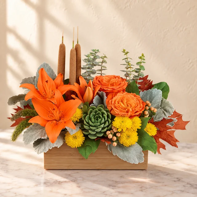 Orange roses and Asiatic lilies, yellow mums, a succulent and tall brown cattails in a natural bamboo rectangle