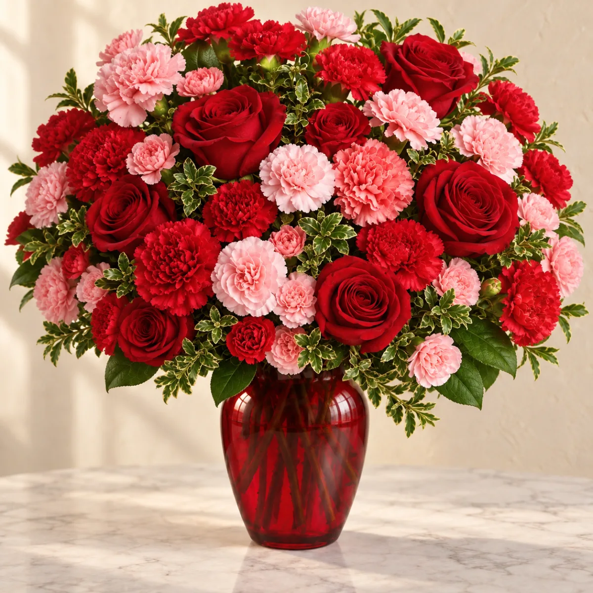 Red roses and red and blush pink carnations in a ruby red glass vase