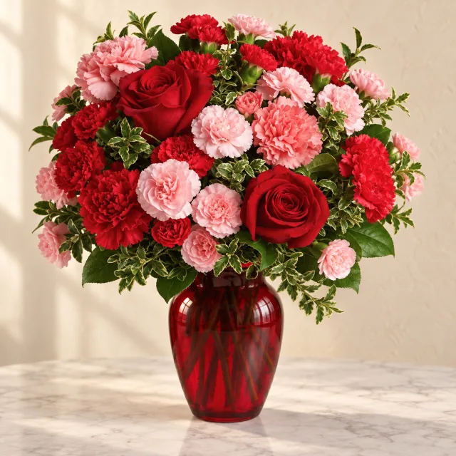 Red roses and red and blush pink carnations in a ruby red glass vase