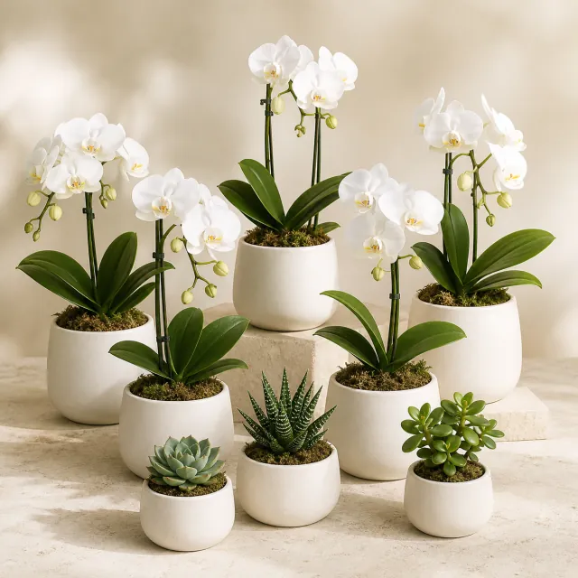 Coordinated orchid and succulent corporate gift package