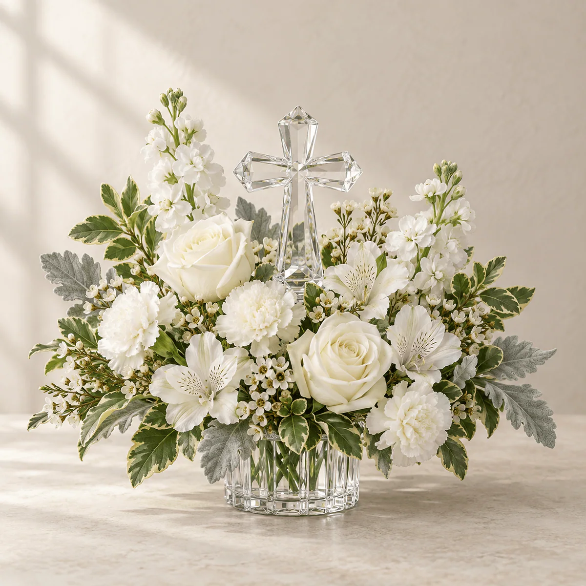 A clear crystal cross rises above white and cream flowers with fresh green and silver foliage. A thoughtful expression of faith for the family home.