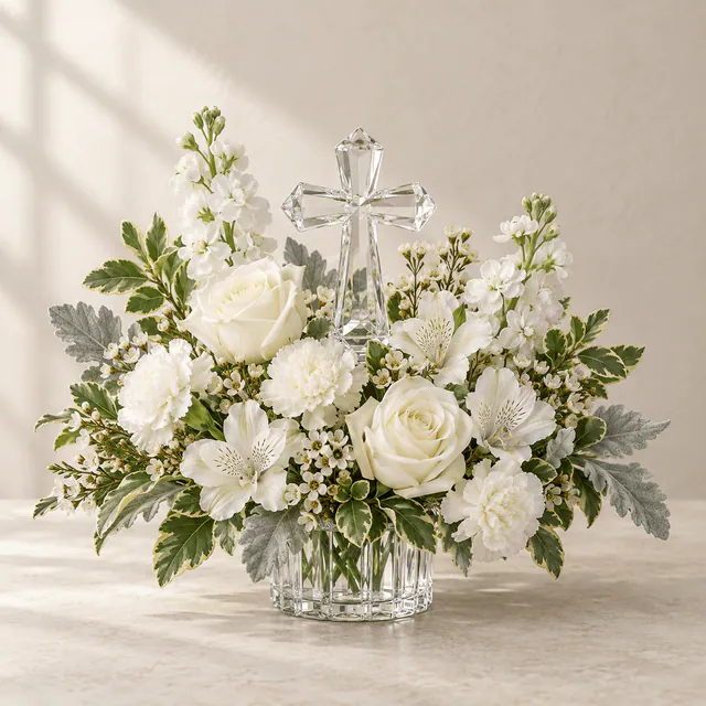 A clear crystal cross rises above white and cream flowers with fresh green and silver foliage. A thoughtful expression of faith for the family home.