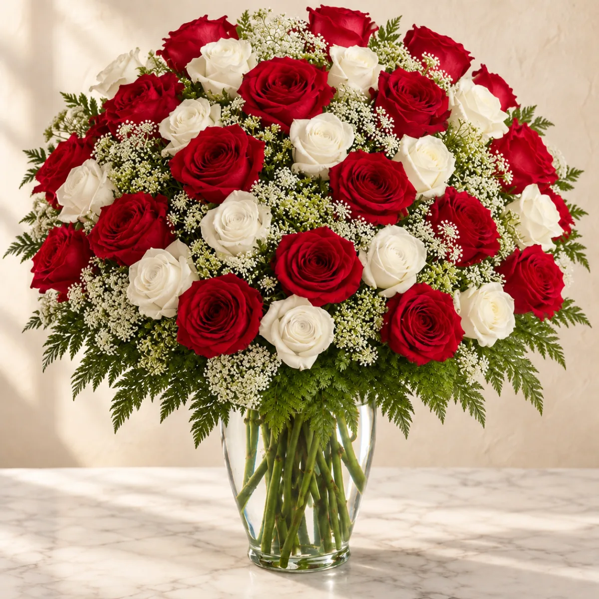 Long-stemmed red and white roses with Queen Anne’s lace in a clear glass vase
