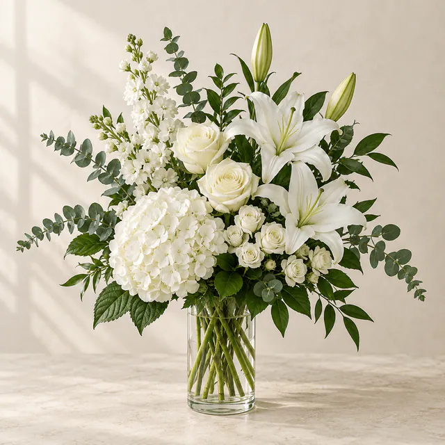 White lilies, hydrangea, cream roses, spray roses and stock with eucalyptus and fresh greenery in a tall clear glass vase.