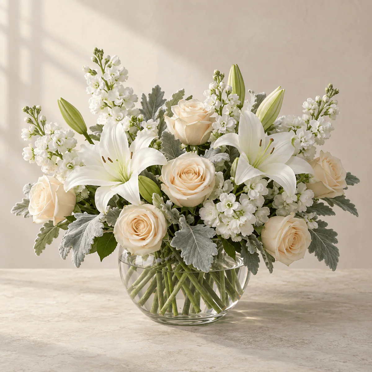 White lilies, cream roses, white stock and soft silver-green foliage in a round clear glass vase.
