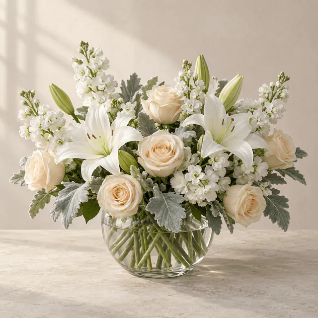 White lilies, cream roses, white stock and soft silver-green foliage in a round clear glass vase.