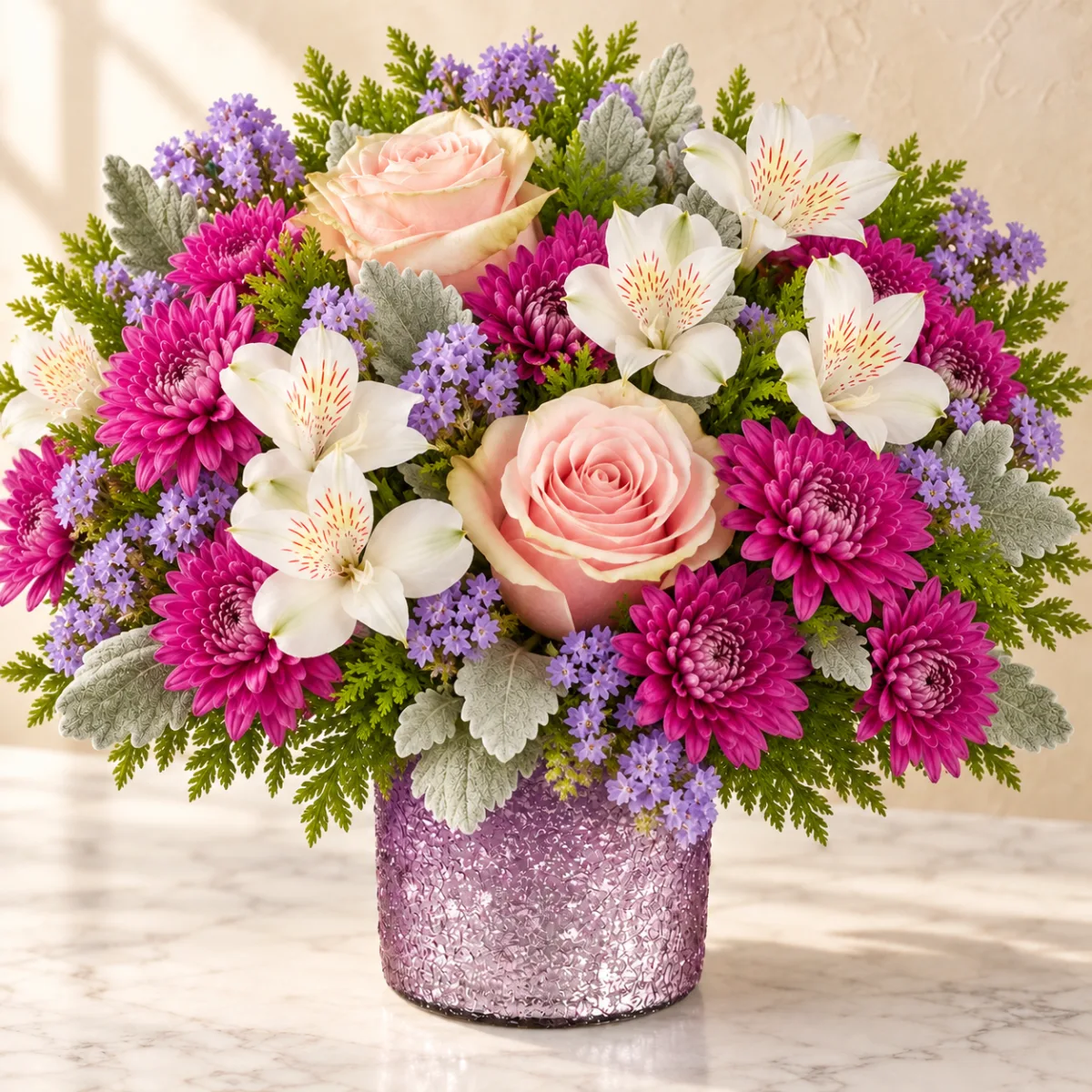 Blush roses, white alstroemeria and magenta mums in a shimmering purple vase