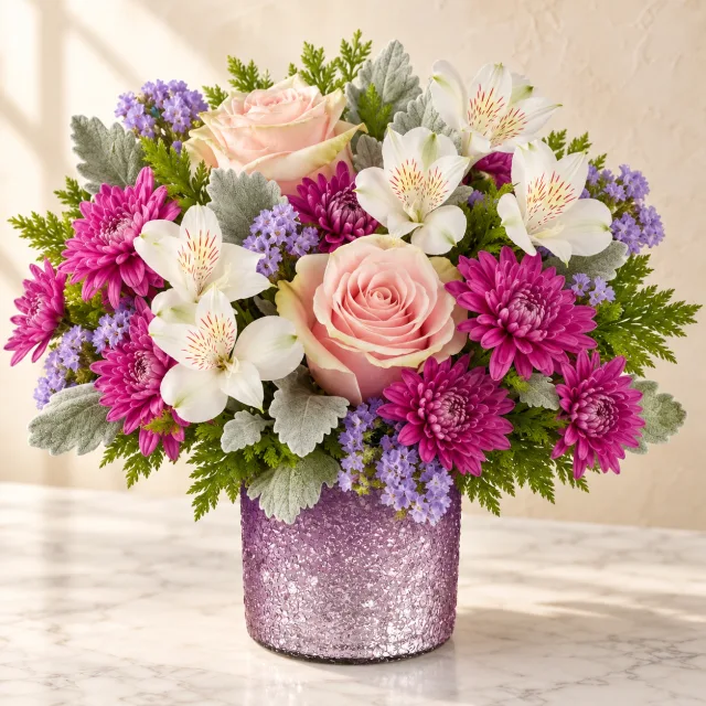 Blush roses, white alstroemeria and magenta mums in a shimmering purple vase