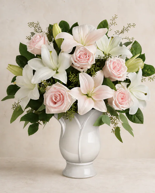 Blush-pink roses and lilies with cream-white flowers in a ceramic vase