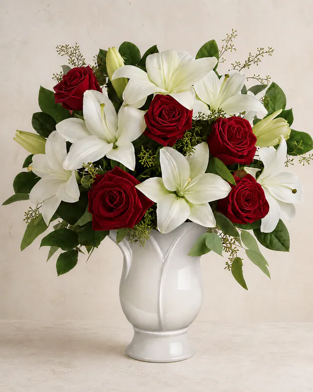 Velvet-red roses and cream-white lilies in a white ceramic pedestal vase