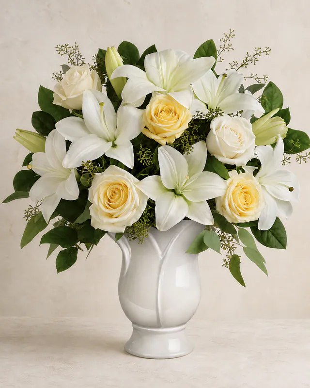 Butter-yellow roses and cream-white lilies in a white ceramic pedestal vase