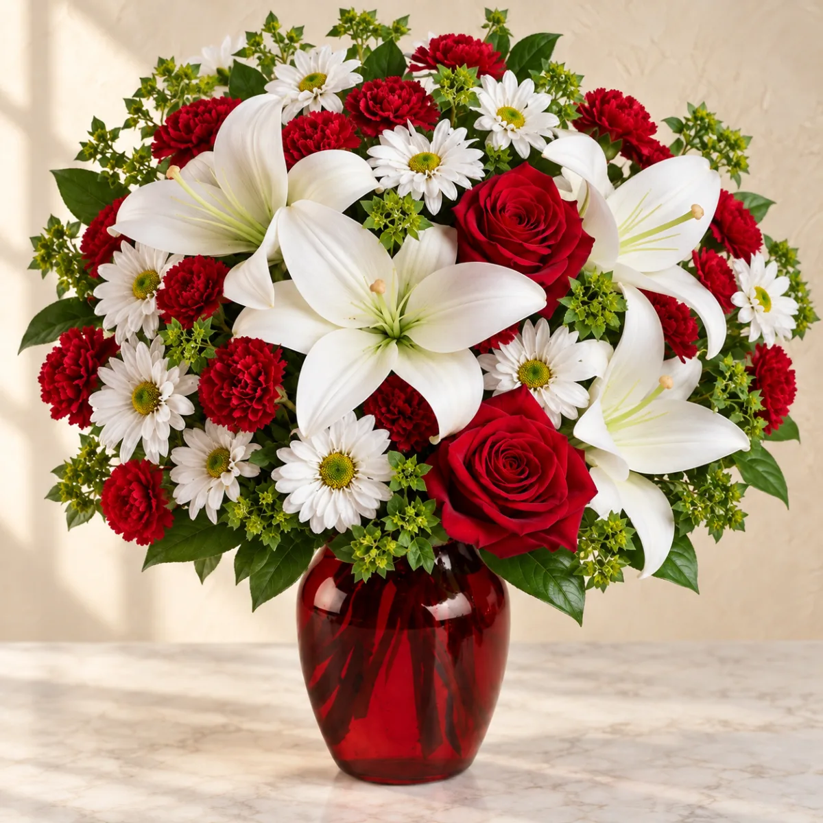 Red roses, white lilies and white daisies in a red glass vase