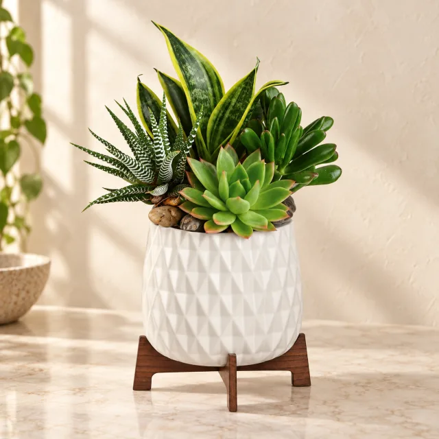 Snake plant, echeveria, zebra haworthia and succulent in a white faceted planter on a walnut stand