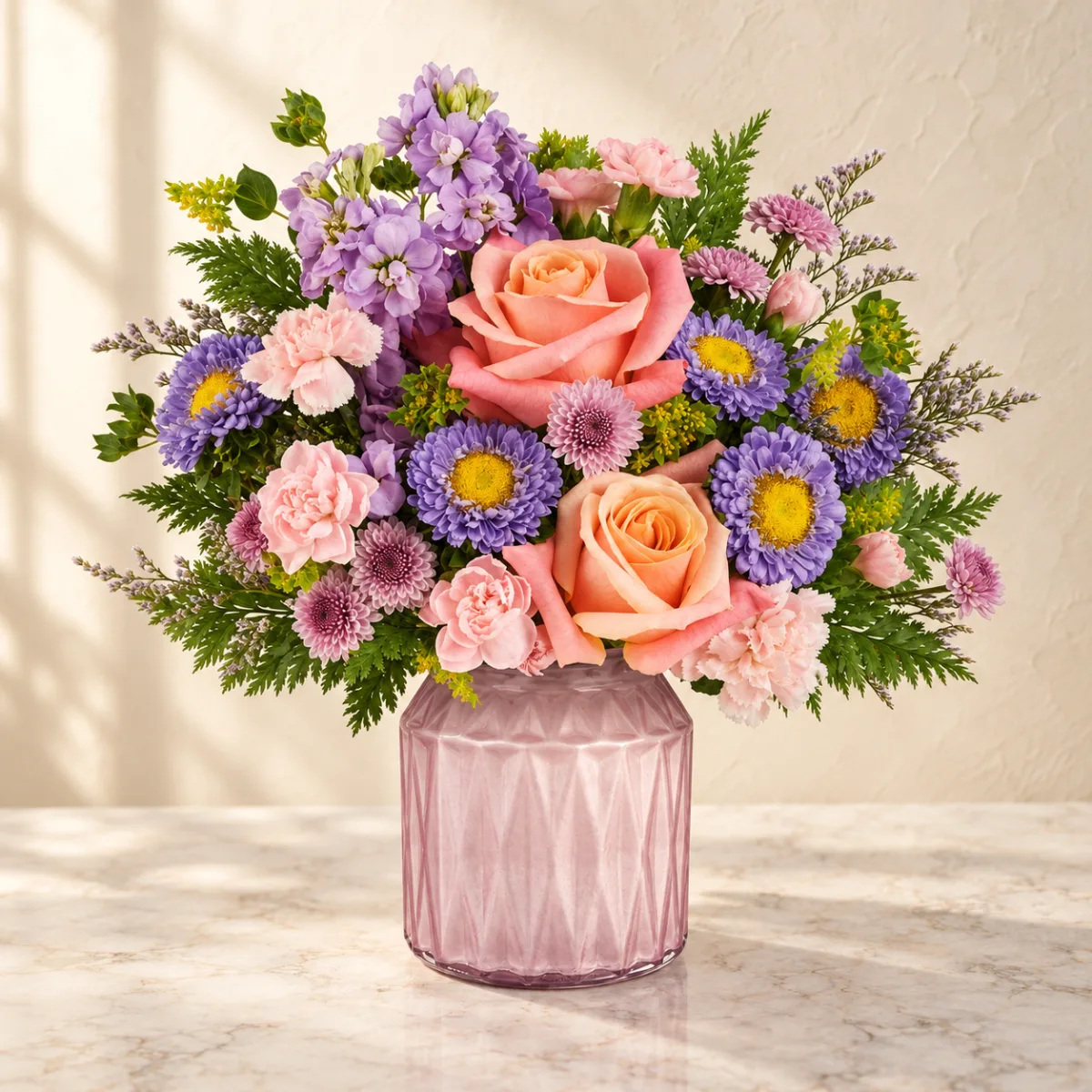 Peach roses, lavender stock and asters with pink carnations in a faceted blush glass jar