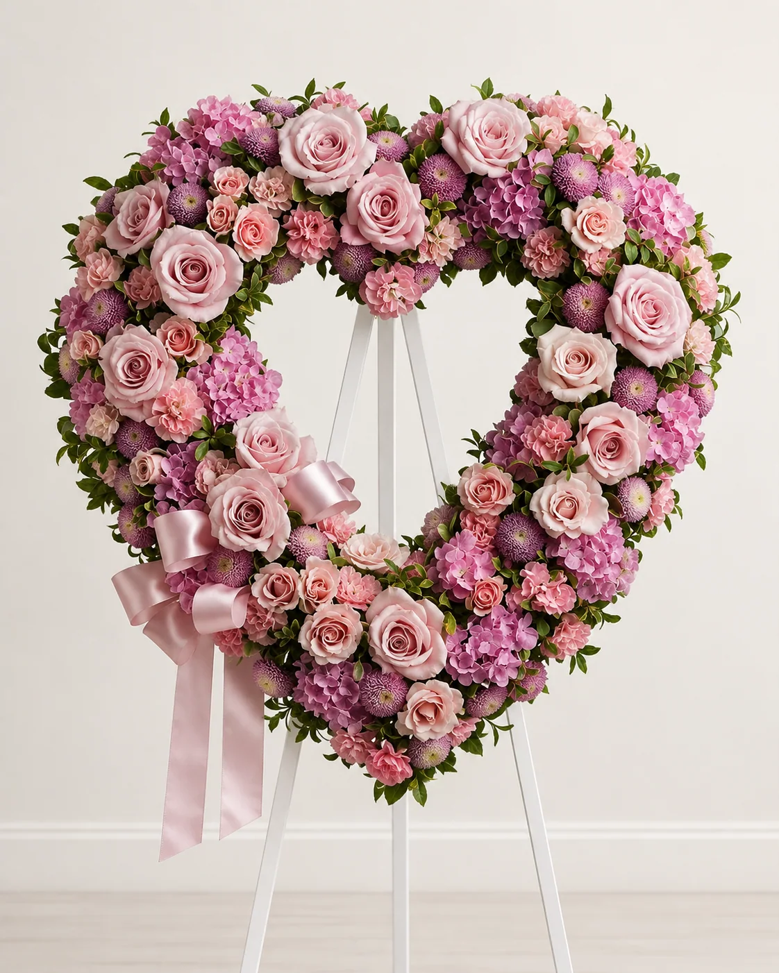 Pink mixed-flower open heart standing spray with roses, hydrangea and carnations
