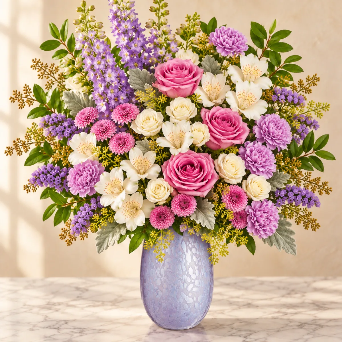 Pink roses, larkspur and lavender carnations in an iridescent lavender glass vase