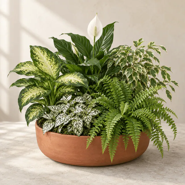 A living garden of varied green houseplants with fern fronds and patterned leaves in a low terracotta-colored dish.