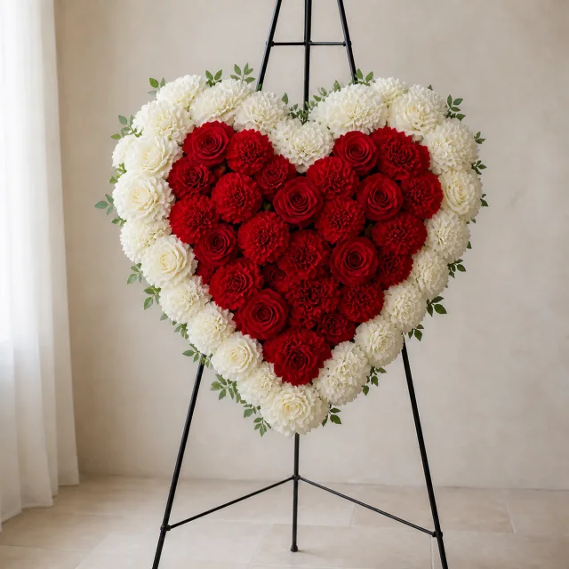 Red carnation and rose floral heart with a cream-white border on a standing easel