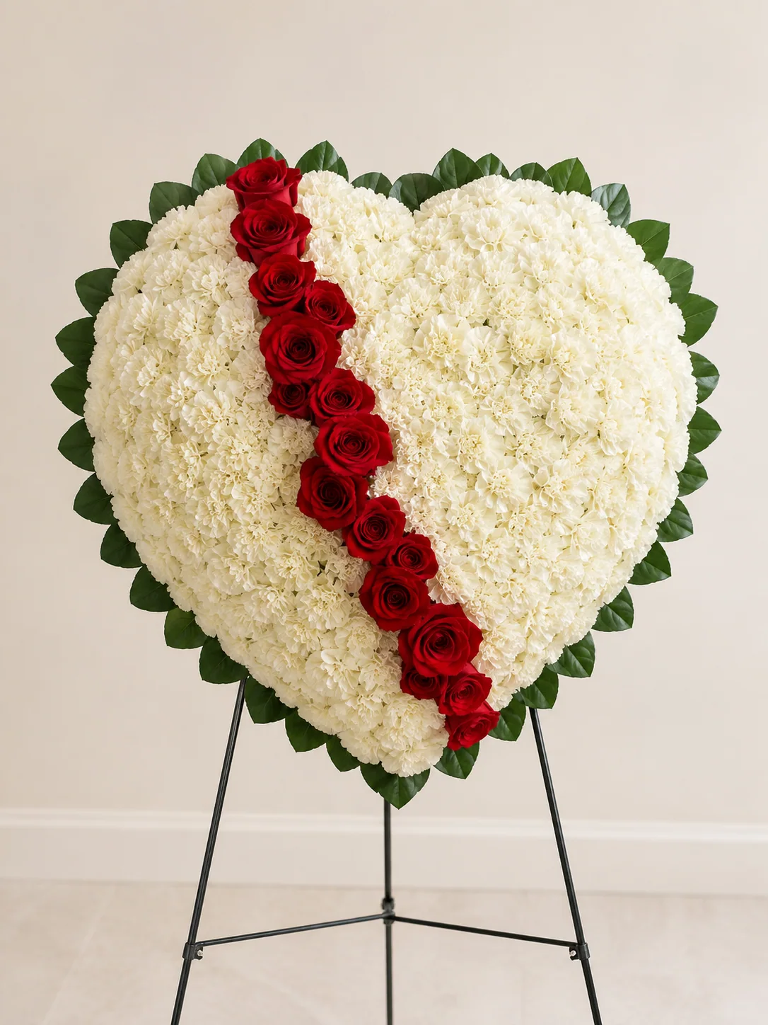 Red carnation and rose floral heart with a cream-white border on a standing easel