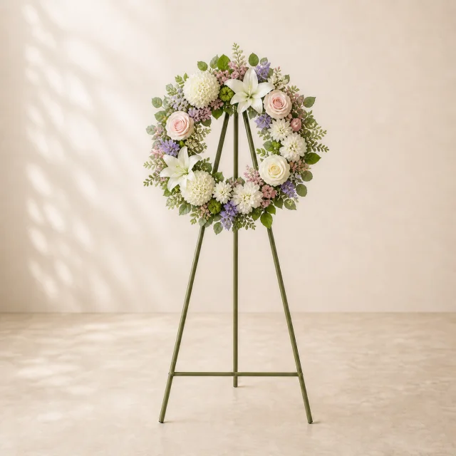 Blush and lavender remembrance wreath accented with cream white and ivory flowers