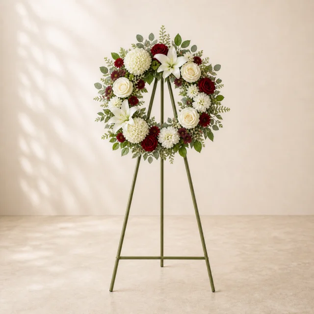 Velvet red remembrance wreath paired with premium cream white and ivory flowers