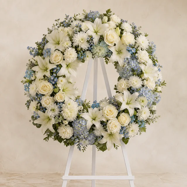 Powder blue and cream white floral remembrance wreath