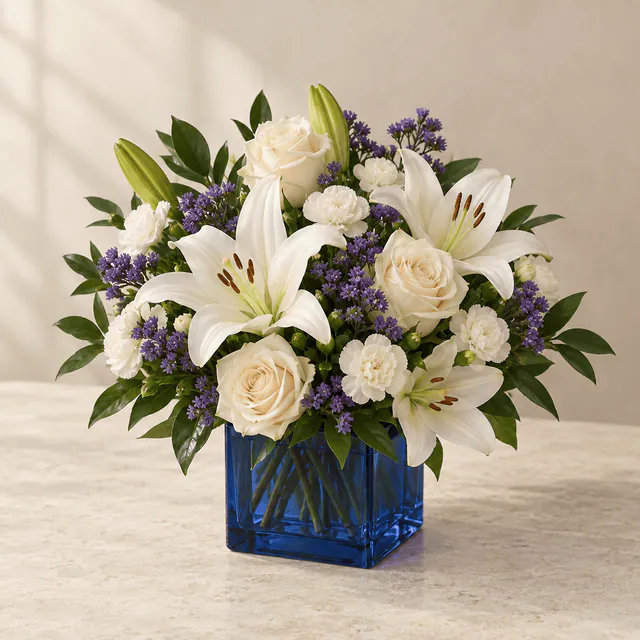 Cream roses, white lilies and miniature carnations with violet statice in a sapphire-blue glass cube.