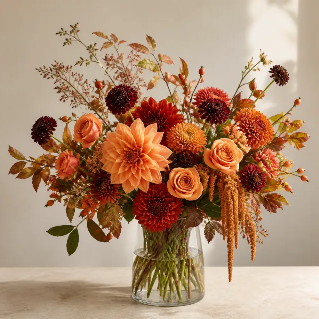 autumn seasonal flower arrangement in a clear glass vase