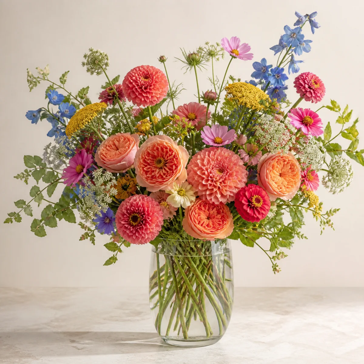 Mixed seasonal garden flowers in a clear glass vase