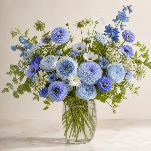 Mixed seasonal garden flowers in a clear glass vase