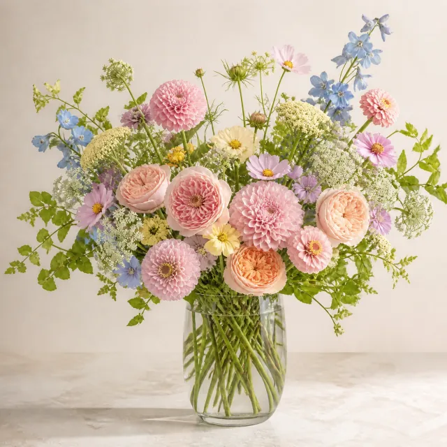Mixed seasonal garden flowers in a clear glass vase