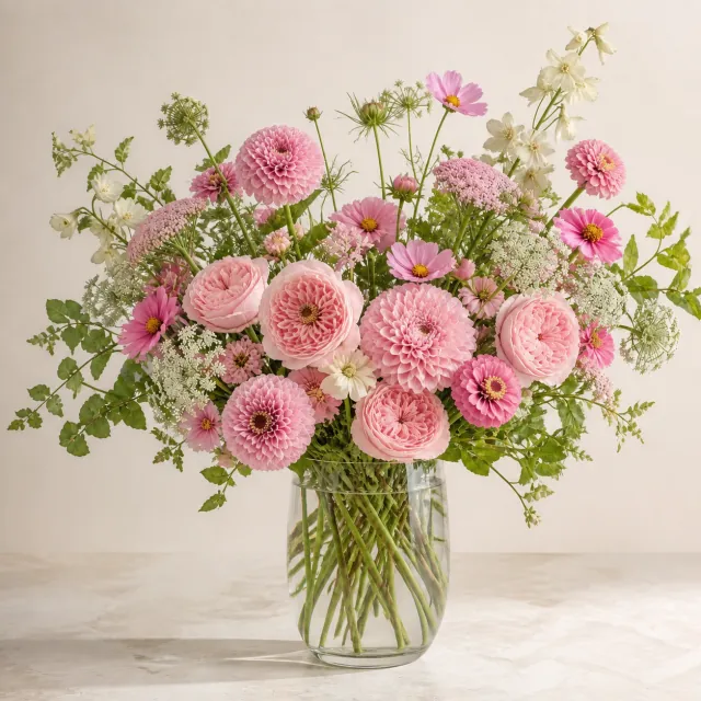 Mixed seasonal garden flowers in a clear glass vase