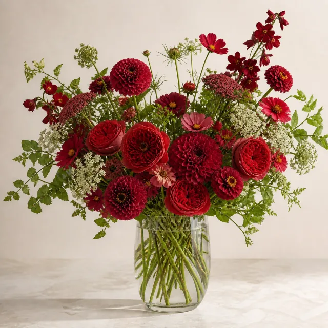 Mixed seasonal garden flowers in a clear glass vase