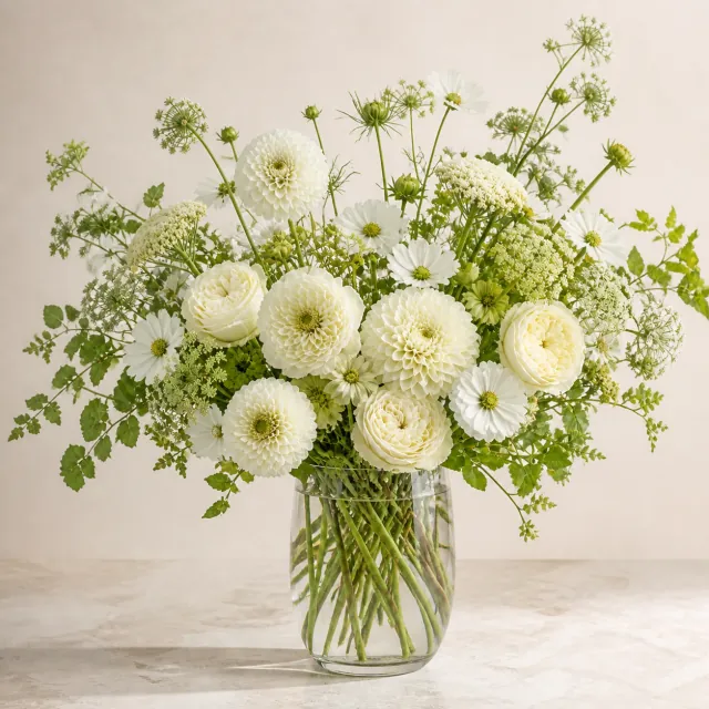 Cream white and ivory mixed flowers in a clear glass vase