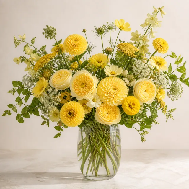 Mixed seasonal garden flowers in a clear glass vase