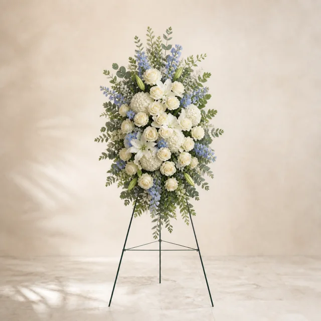 Powder blue standing spray accented with cream white, ivory and pistachio foliage