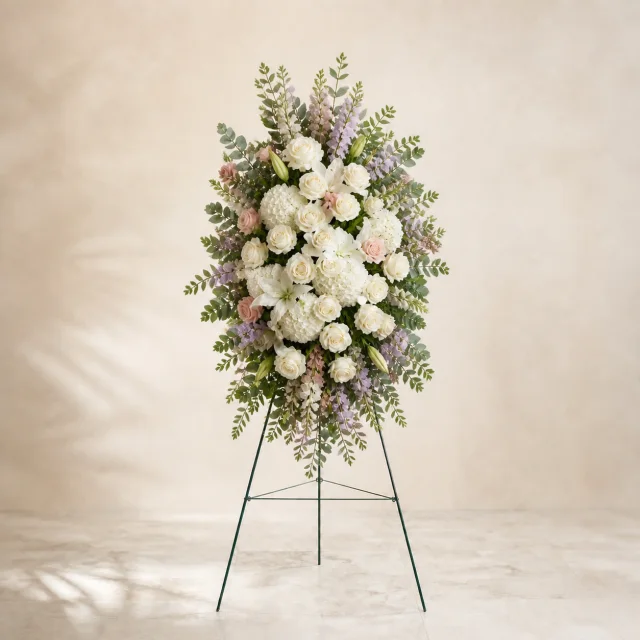 Blush and lavender standing spray accented with cream white and ivory flowers