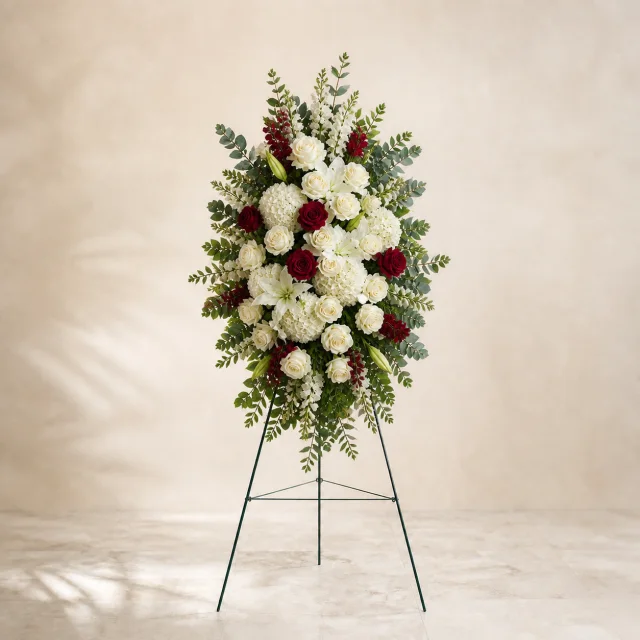 Velvet red standing spray paired with premium cream white and ivory flowers