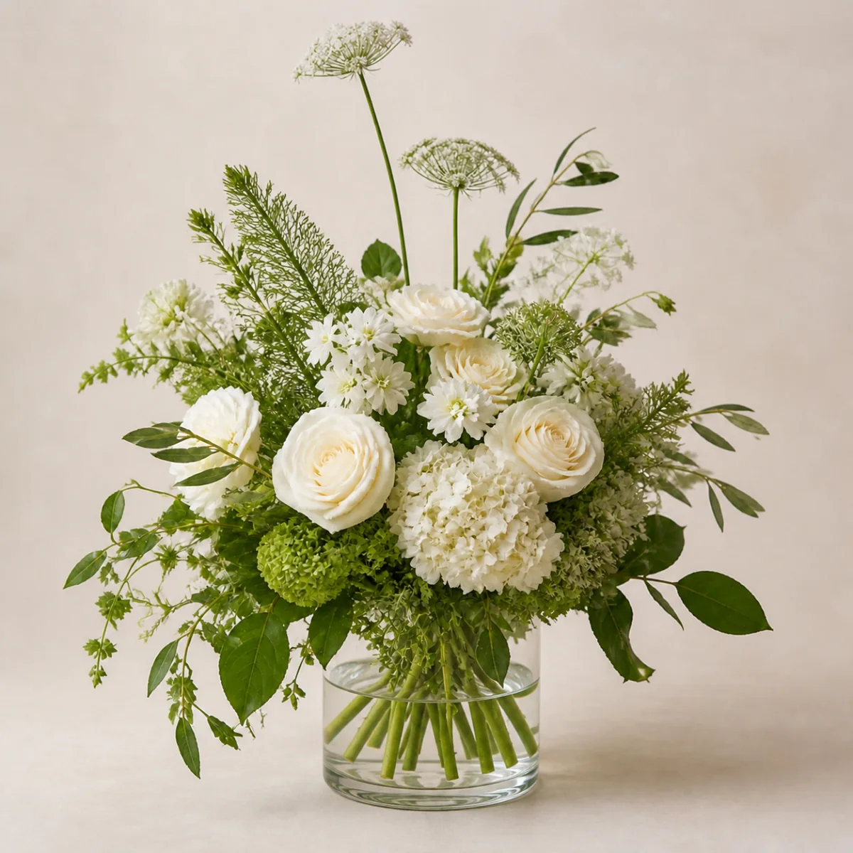 White flowers and green foliage arrangement
