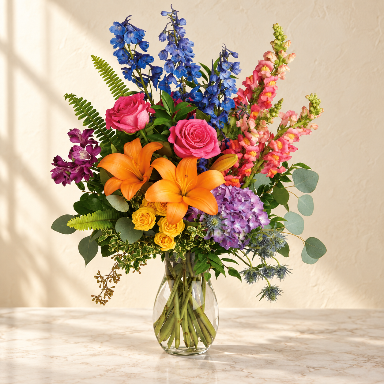 Purple hydrangea, pink roses, orange lilies, blue delphinium and yellow spray roses in a tall clear vase