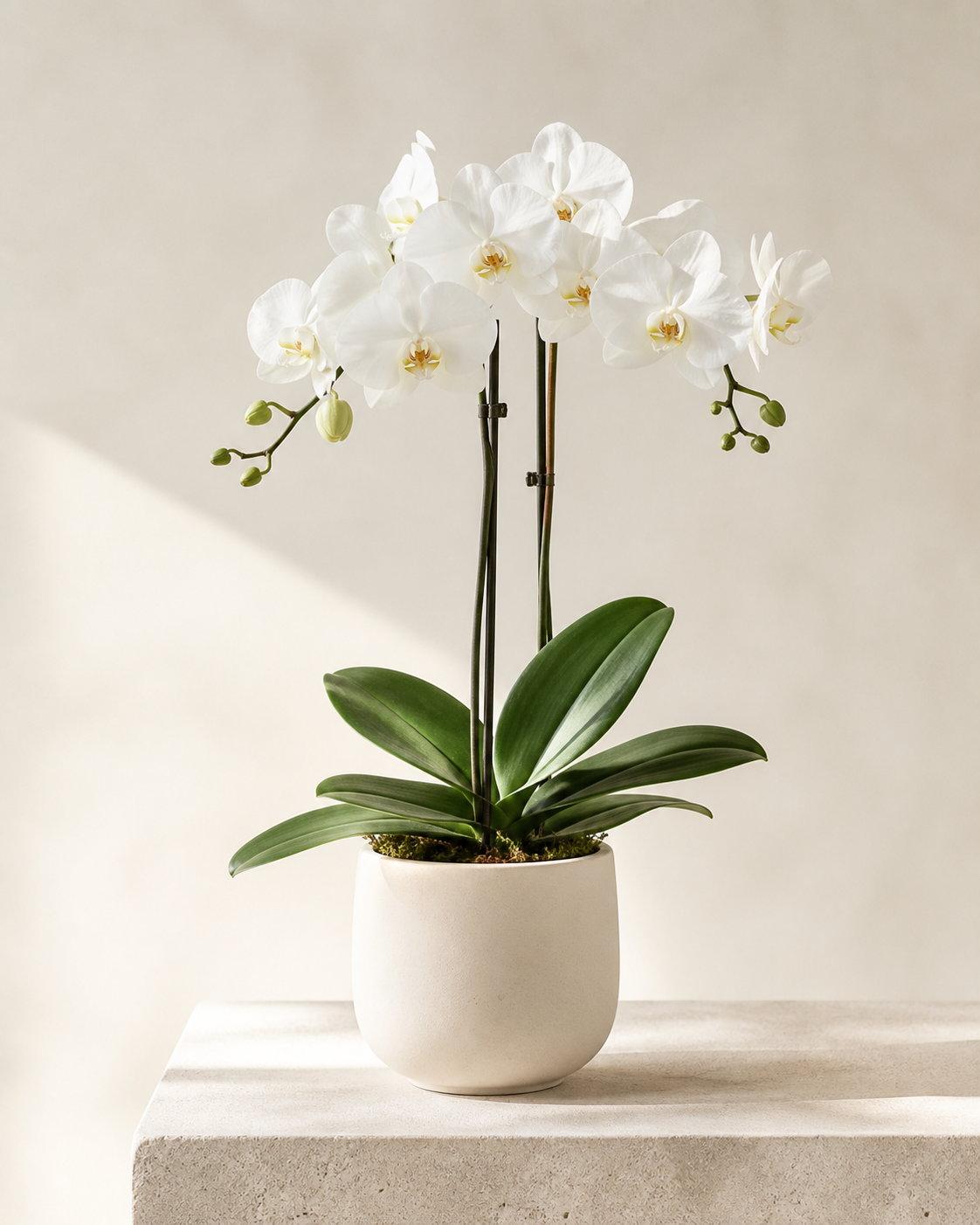 Double white Phalaenopsis orchid in an ivory ceramic vessel
